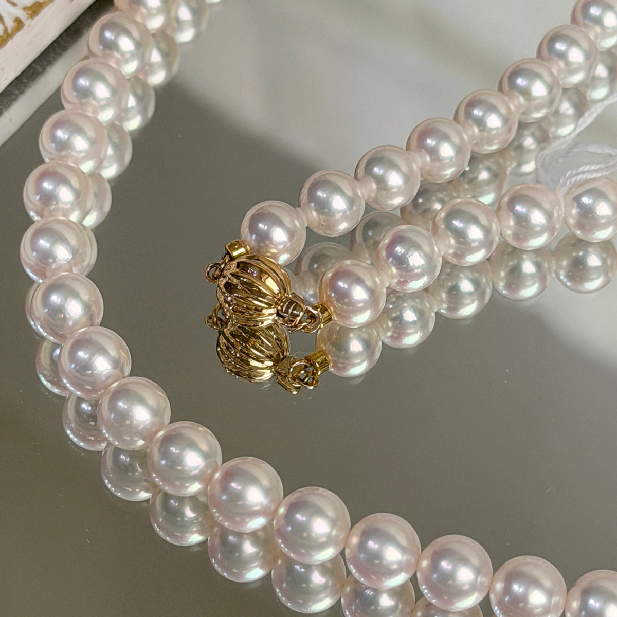 Top Class PSL Certified Aurora Rose 7mm Japanese Akoya Pearl Beaded Necklace K14YG