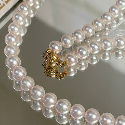 Top Class PSL Certified Aurora Rose 7mm Japanese Akoya Pearl Beaded Necklace K14YG