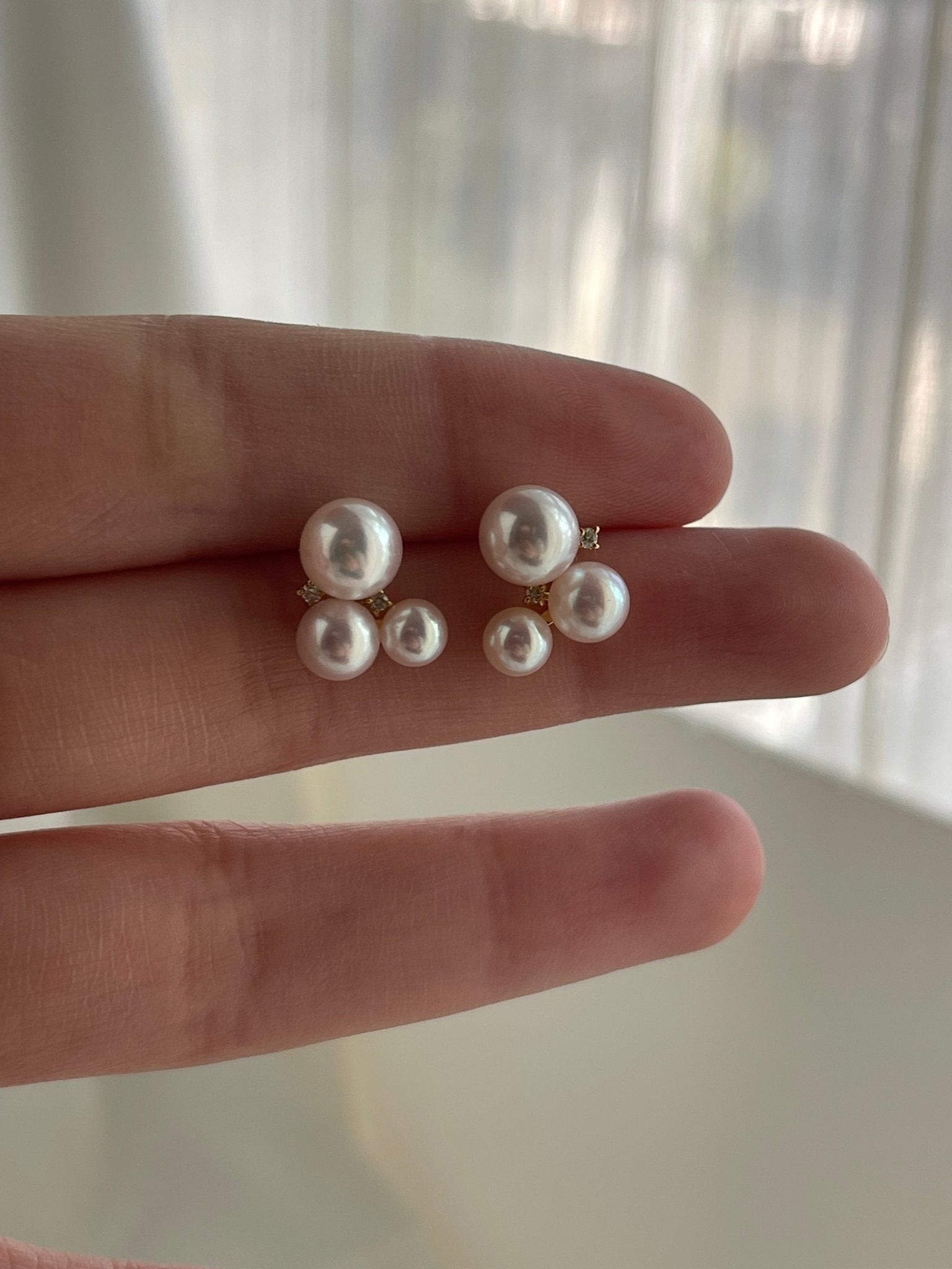 Three Akoya Pearl Diamond Stud Earrings 18K Gold - KOKOPEARLJEWELRY - 6