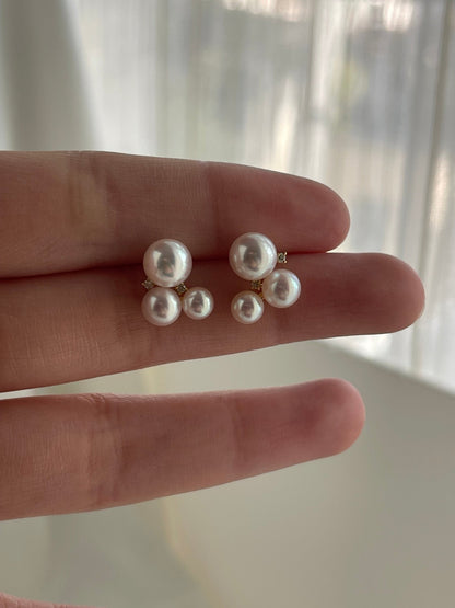 Three Akoya Pearl Diamond Stud Earrings 18K Gold - KOKOPEARLJEWELRY - 6