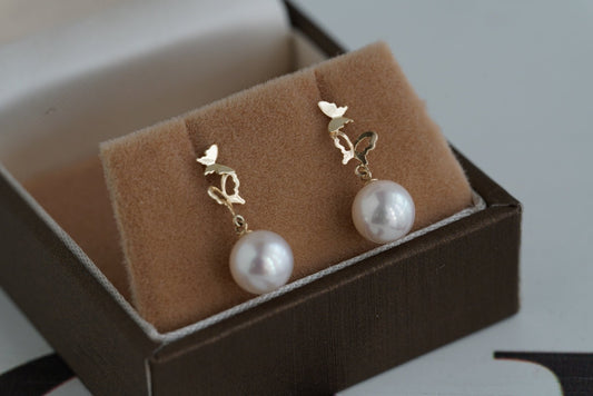 6.5mm Akoya Pearl Butterfly Shaped Dangle Drop Earrings 10K Gold