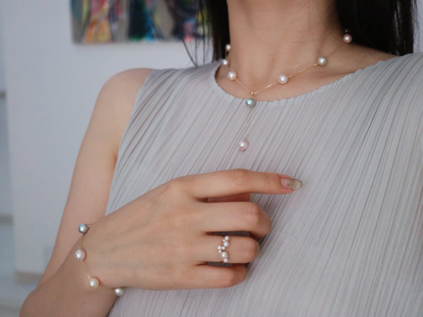 Rainbow Color 7.5mm Akoya Pearl Station Necklace 18K Gold