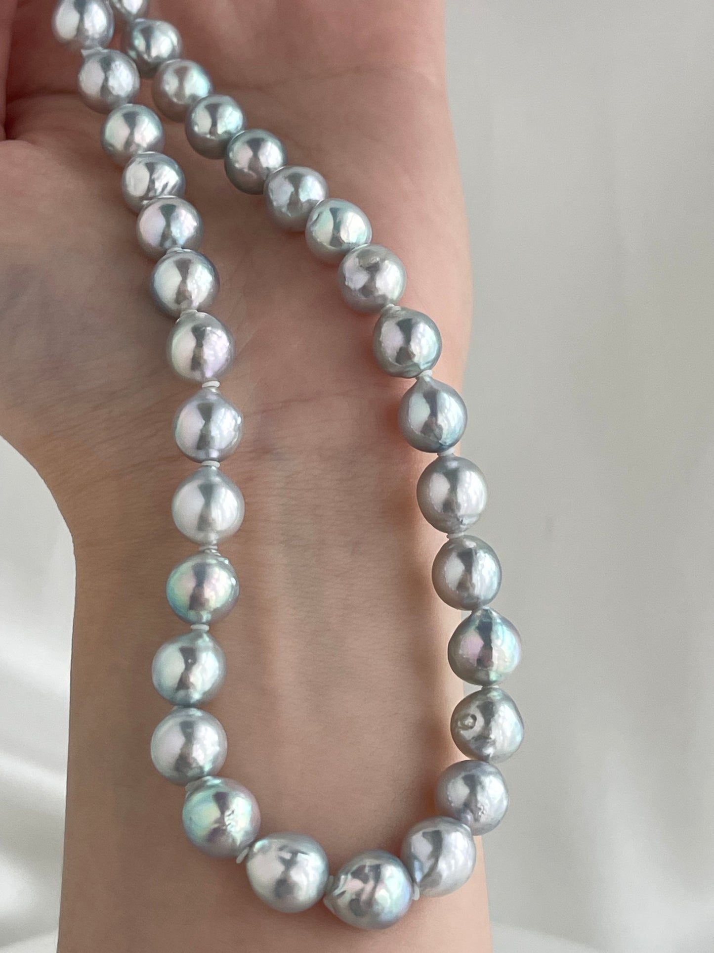 Certified 8.5mm Natural Silver Blue Tone Baroque Shaped Akoya Pearl Strand Necklace