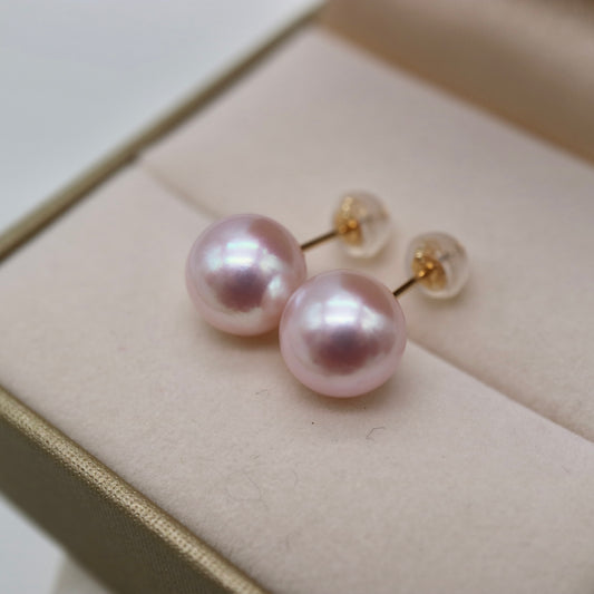 Rare 9mm Sakura Pink Akoya Pearl Stud Earrings K18YG Clip Earrings Available