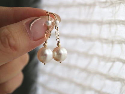 Rare Size 9mm Pinkish White Akoya Pearl Drop Hook Earrings 18K Gold - KOKOPEARLJEWELRY - 1