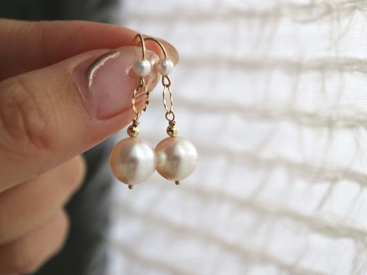 Rare Size 9mm Pinkish White Akoya Pearl Drop Hook Earrings 18K Gold