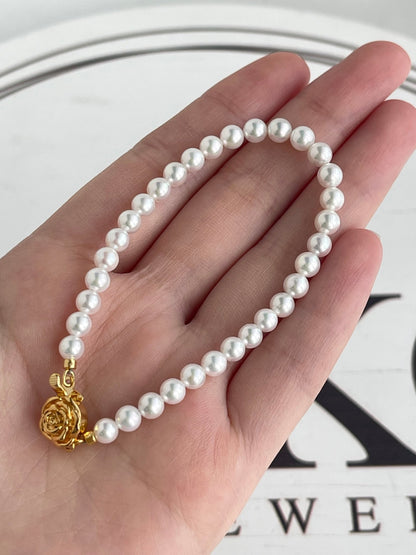4.5mm Akoya Pearl Beaded Bracelet Rose Shaped Clasp - KOKOPEARLJEWELRY - 5