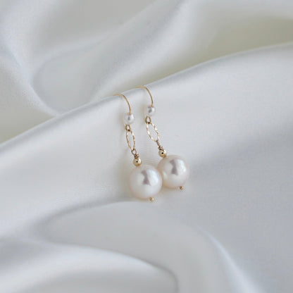 Rare Size 9mm Pinkish White Akoya Pearl Drop Hook Earrings 18K Gold - KOKOPEARLJEWELRY - 9