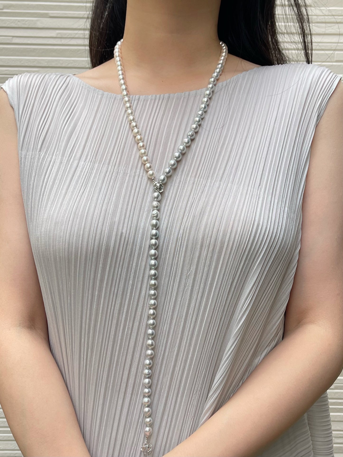 Certified Natural Silver Blue & White Color 8.5mm Baroque Shaped Akoya Pearl Long Necklace