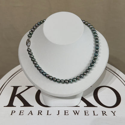 Peacock Green 7mm Japanese Akoya Pearl Beaded Necklace
