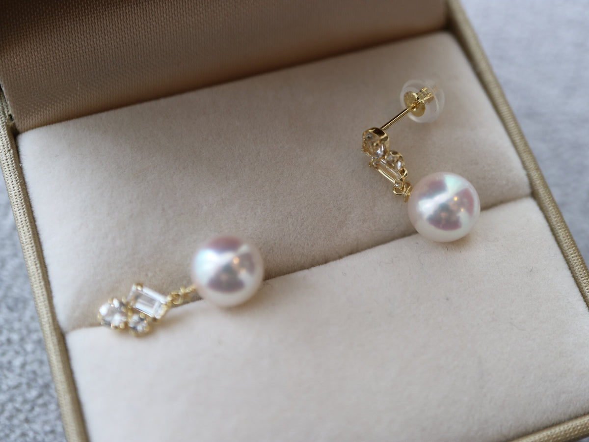 7.5mm Akoya Pearl White Topaz Earrings 18K Yellow Gold