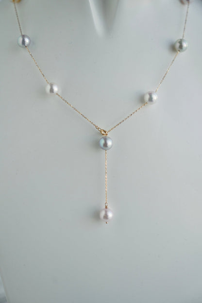 Rainbow Color 7.5mm Akoya Pearl Station Necklace 18K Gold - KOKOPEARLJEWELRY - 7