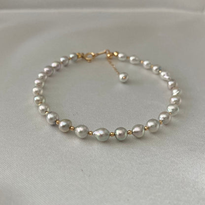 내추럴 실버 블루 바로크 아코야 진주 비드 팔찌 K18YG