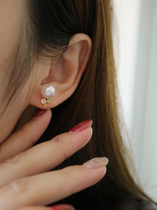 ミックスカラートパーズ 7.5mm アコヤ真珠スタッドピアス 18K イエローゴールド