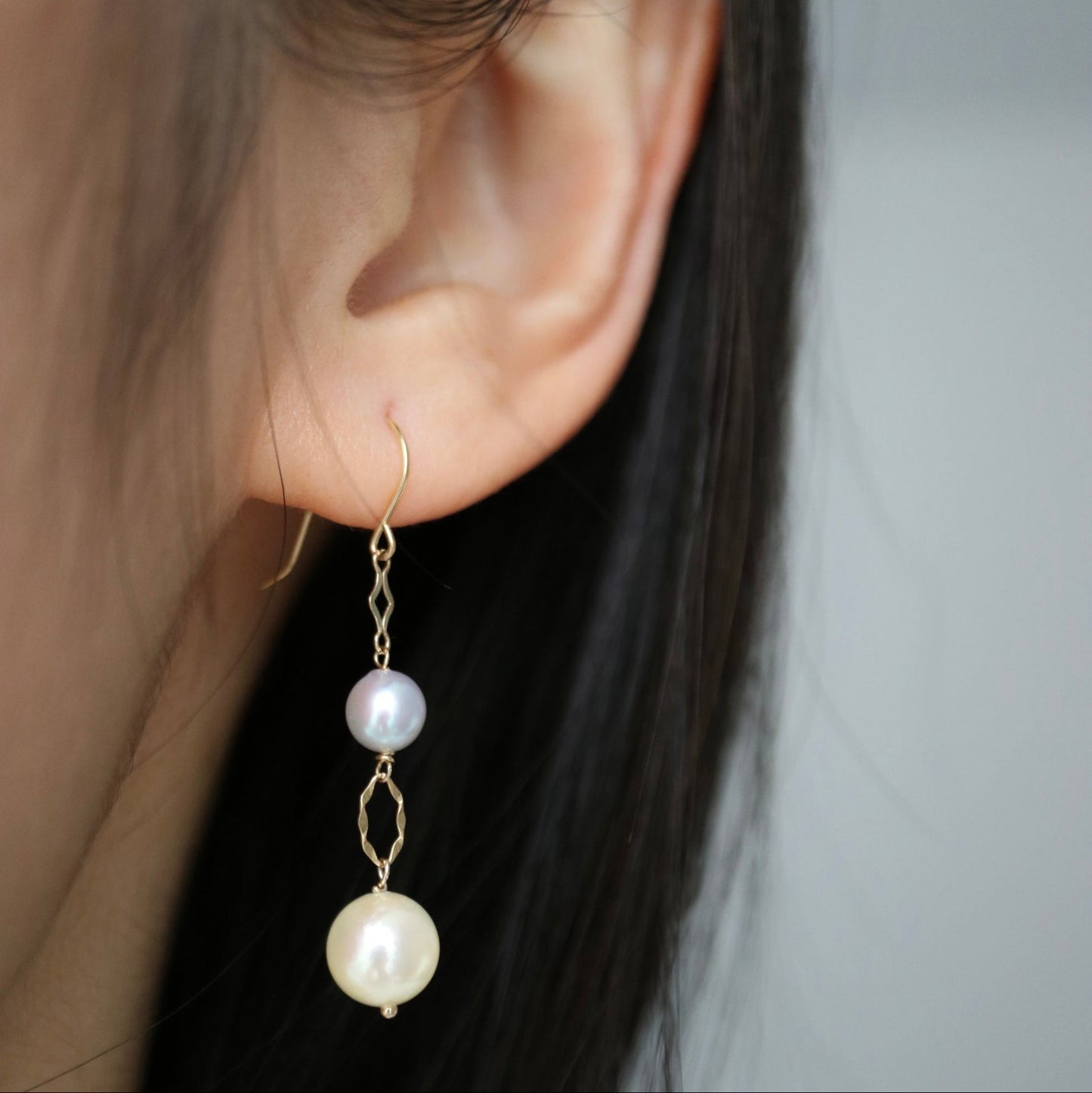 Two-Color Akoya Pearl Dangle Hook Earrings | 18K Yellow Gold