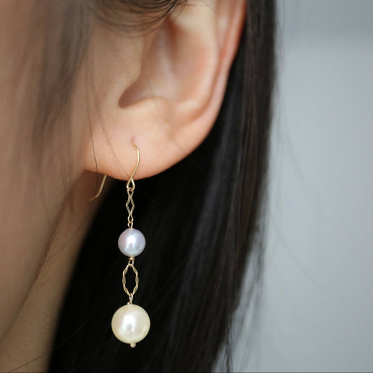 Two-Color Akoya Pearl Dangle Hook Earrings | 18K Yellow Gold