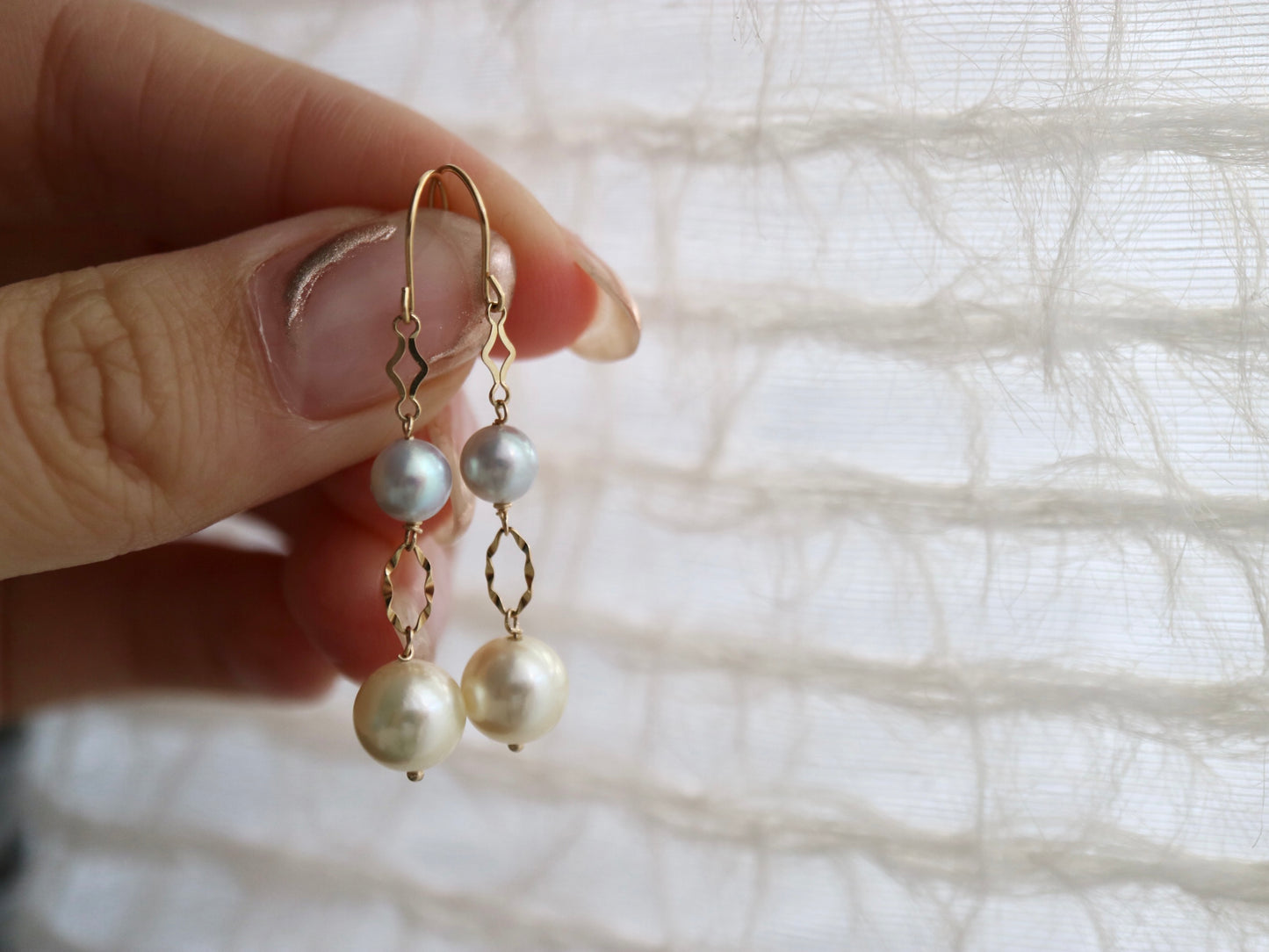 Two-Color Akoya Pearl Dangle Hook Earrings | 18K Yellow Gold