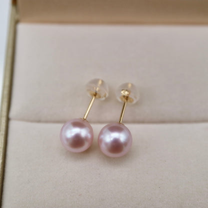 可改為夾式 | Sakura Pink 7mm Akoya 珍珠耳釘 18KYG