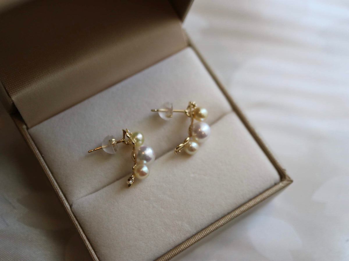 Leaf Design 4.0+5.5mm Double Color Akoya Pearl Diamond Stud Earrings 18K Yellow Gold