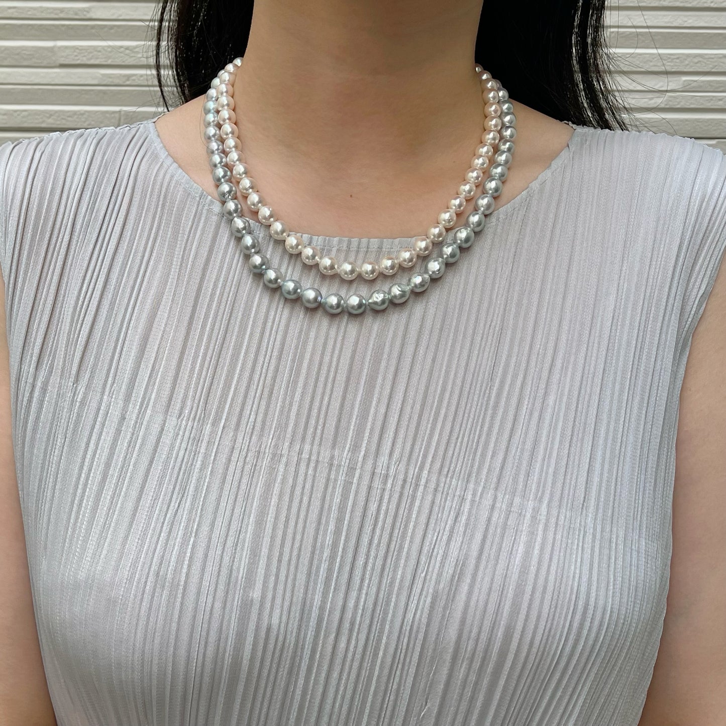 Certified Natural Silver Blue & White Color 8.5mm Baroque Shaped Akoya Pearl Long Necklace