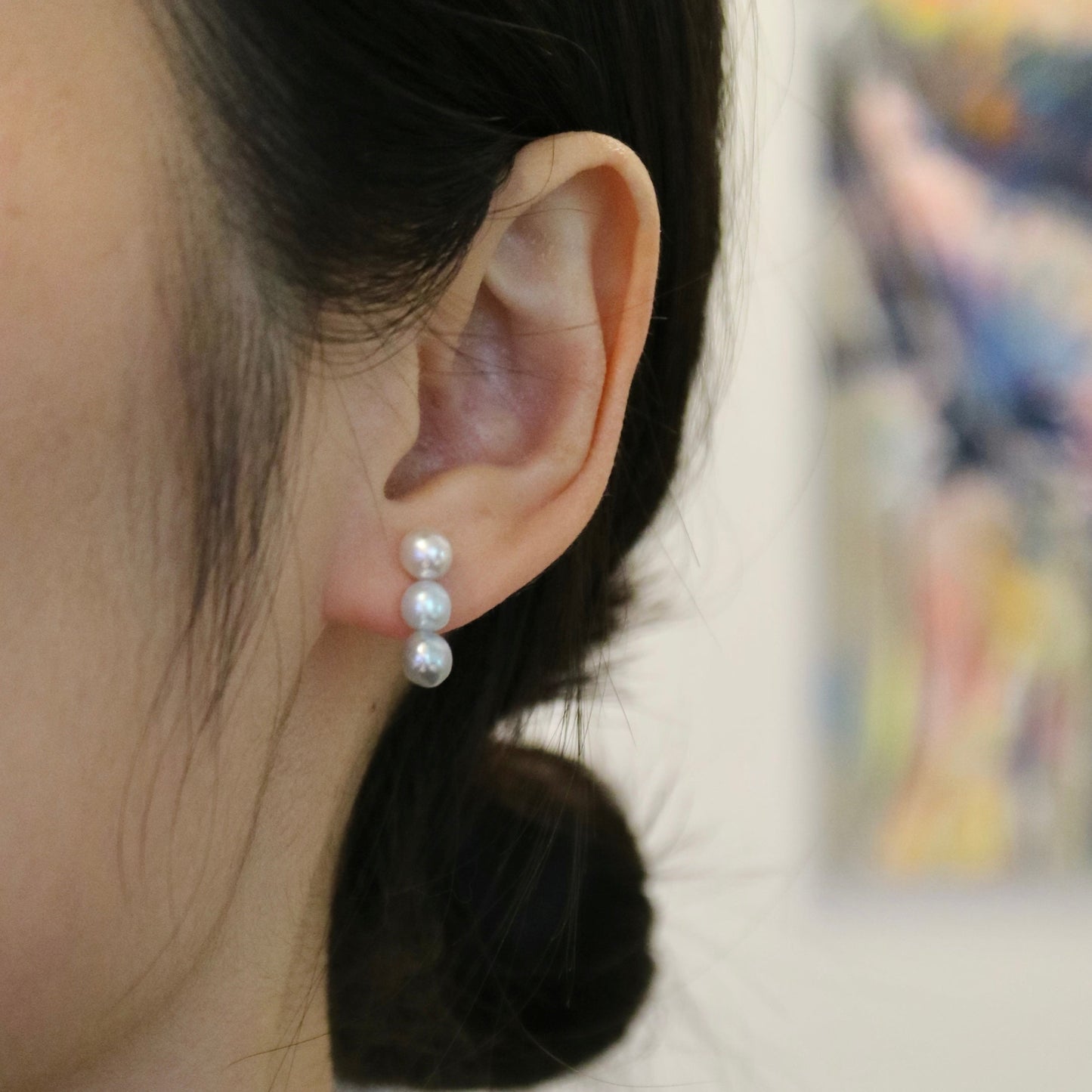 Natural Silver Blue 5mm Akoya Pearl Bar Earrings 18K Yellow Gold