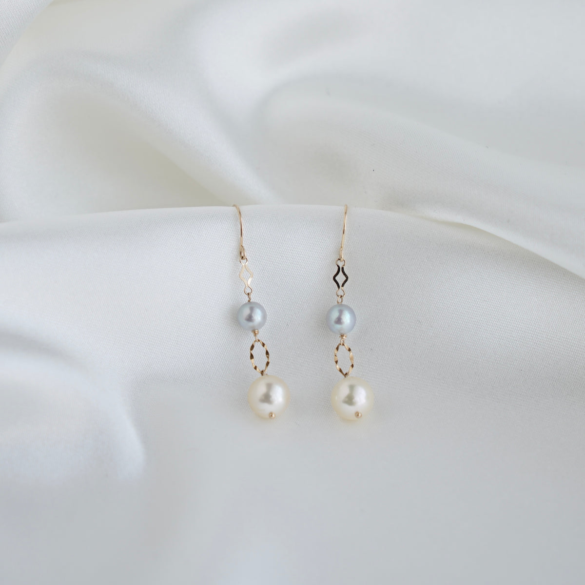 Two-Color Akoya Pearl Dangle Hook Earrings | 18K Yellow Gold