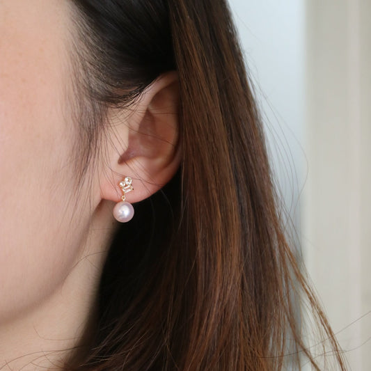 7.5mm Akoya Pearl White Topaz Earrings 18K Yellow Gold