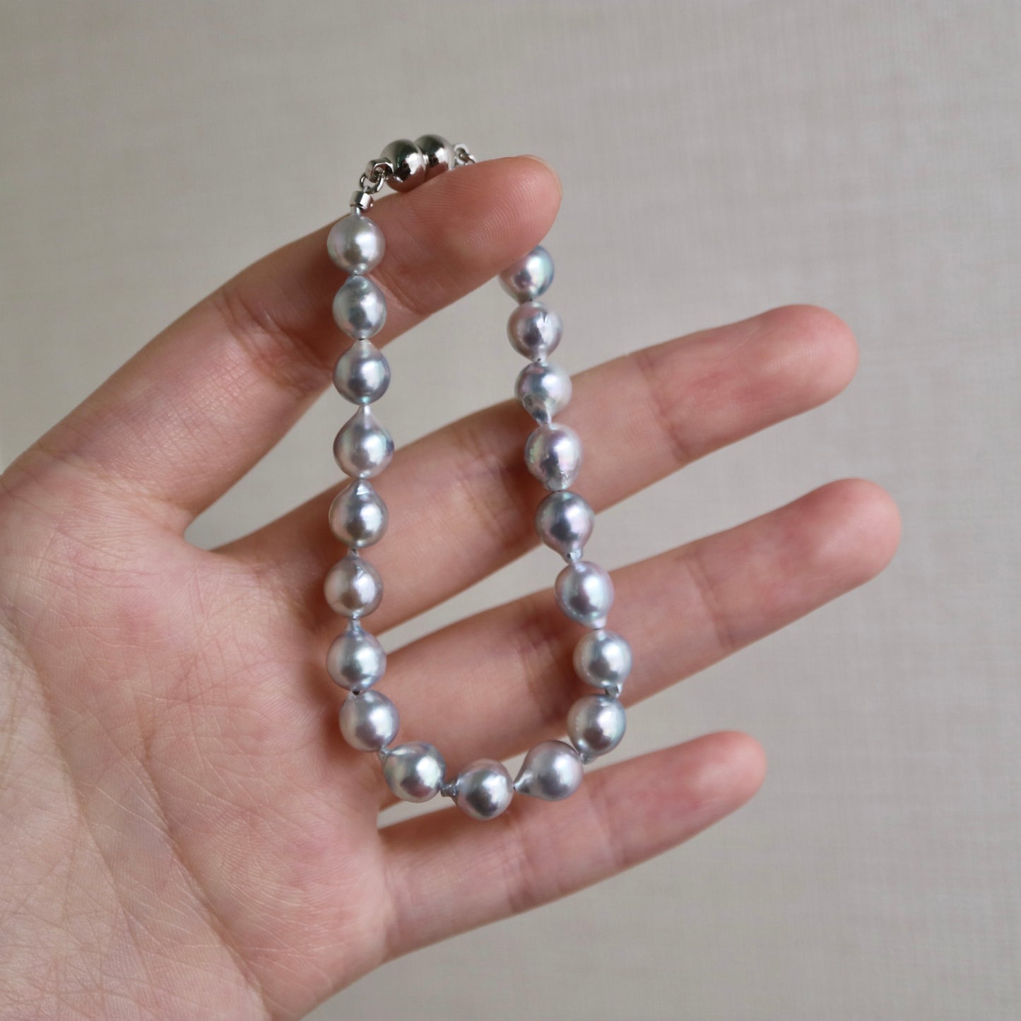 6.5mm Baroque Shaped Natural Silver Blue Akoya Pearl Beaded Bracelet