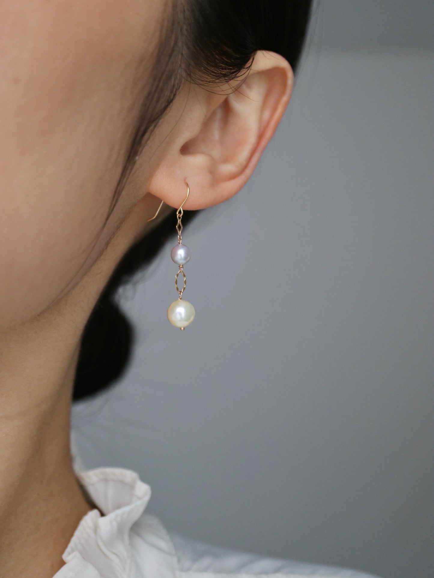 Two-Color Akoya Pearl Dangle Hook Earrings | 18K Yellow Gold