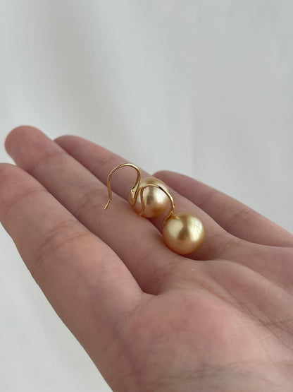 10mm Golden South Sea Pearl Drop Hook Earrings 18K Yellow Gold - KOKOPEARLJEWELRY - 9