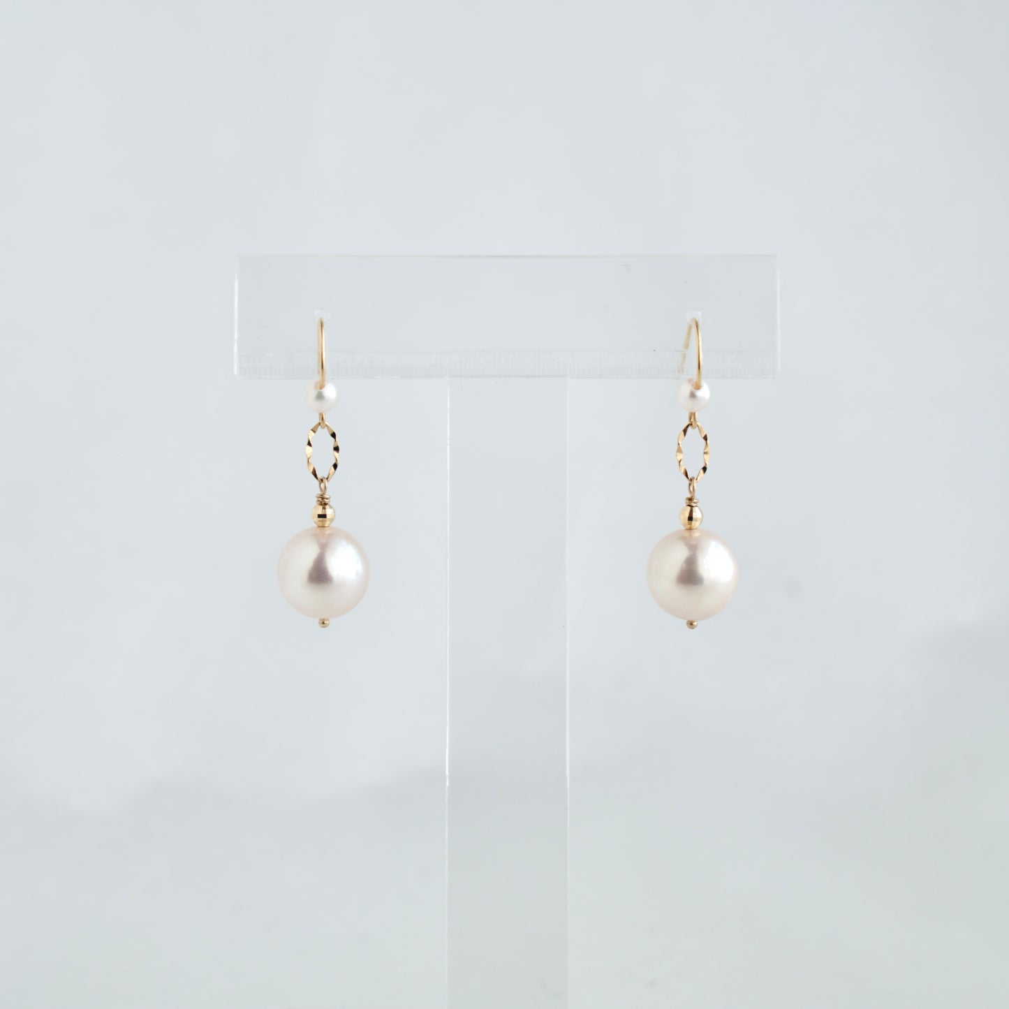 Rare Size 9.0mm Pinkish White Akoya Pearl Drop Hook Earrings 18K Gold