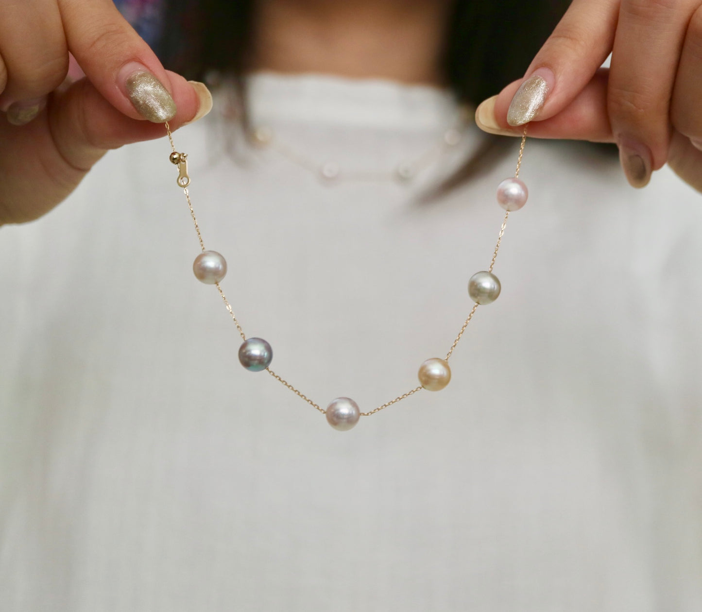 Rainbow Color 7.5mm Akoya Pearl Station Bracelet 18K Gold
