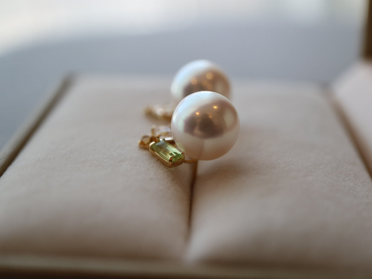 Mixed Color Topaz 7.5mm Akoya Pearl Stud Earrings 18K Yellow Gold