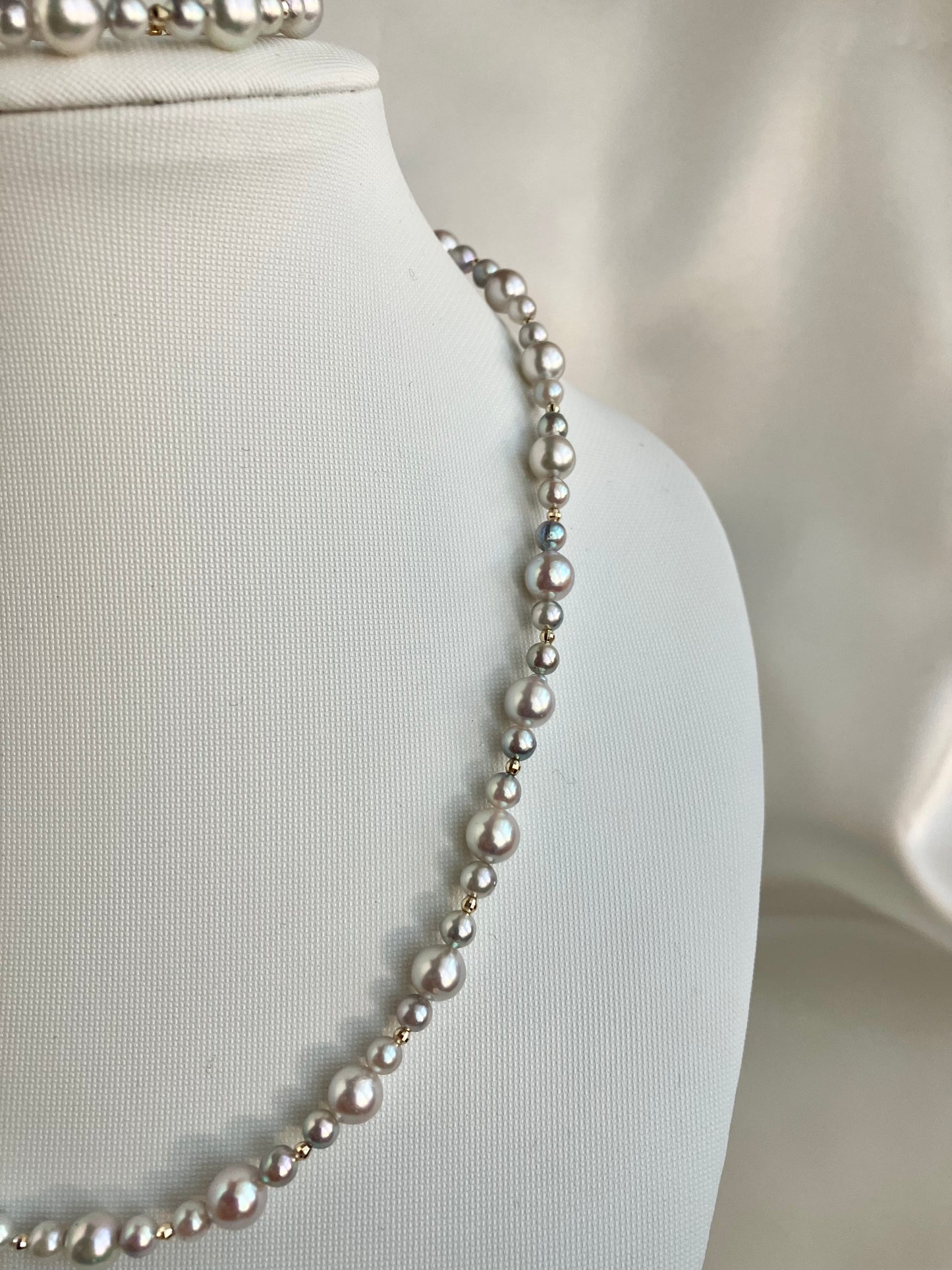 4+6mm Natural Silver Blue Akoya Pearl Beads Necklace & Bracelet 18K Gold