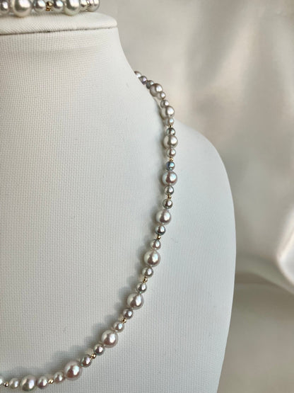 4+6mm 天然シルバーブルーアコヤ真珠ビーズネックレス＆ブレスレット 18Kゴールド