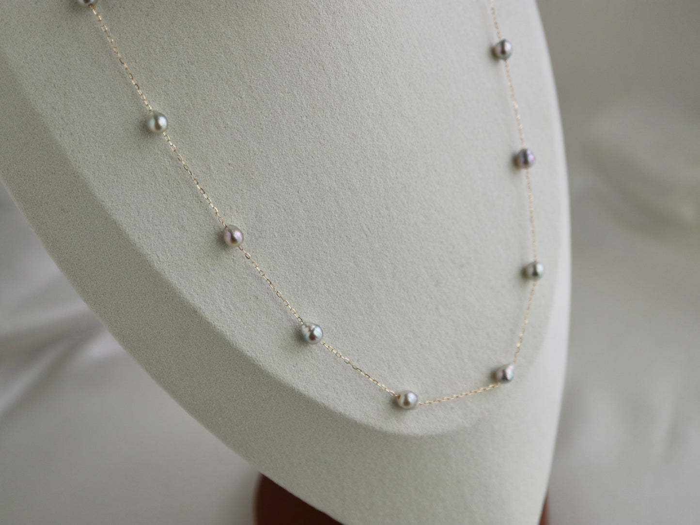 Natural Silver Blue Baroque Akoya Pearl Station Necklace 10K Yellow Gold