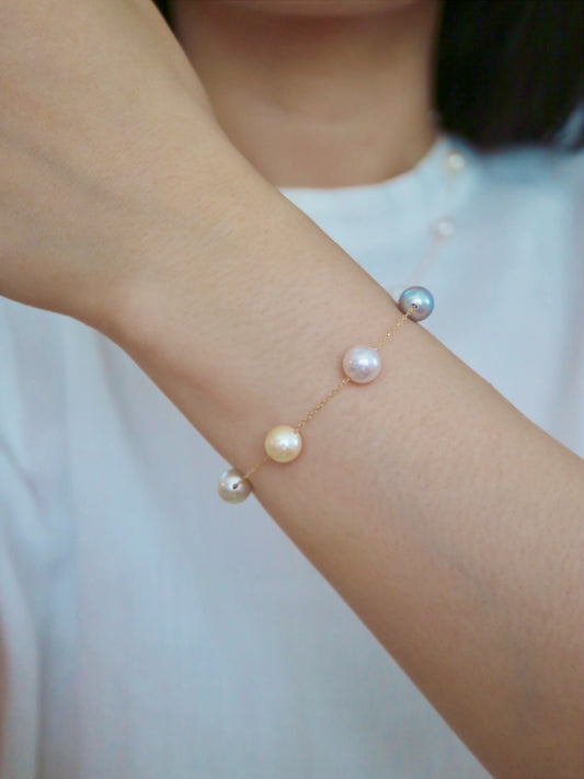 Rainbow Color 7.5mm Akoya Pearl Station Bracelet 18K Gold