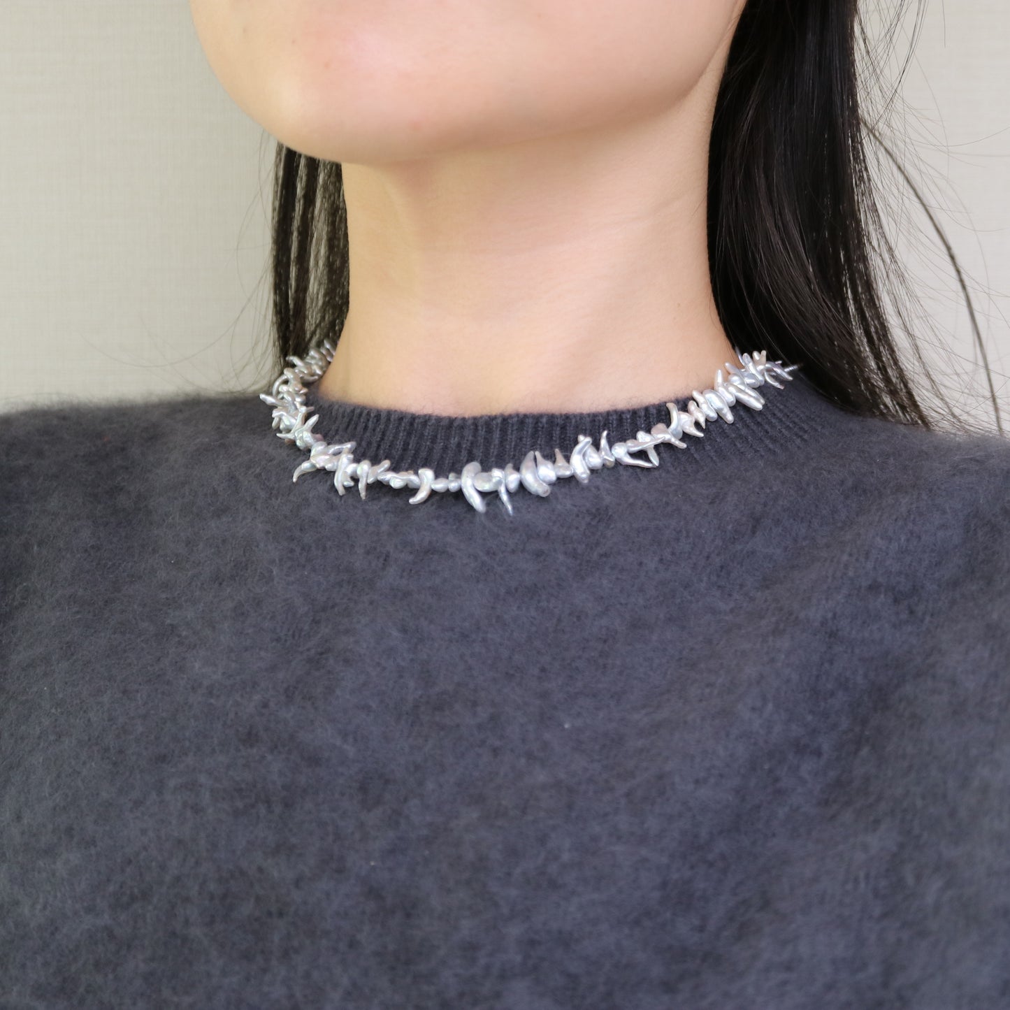 4mm 천연 실버톤 아코야 케시 진주 비즈 목걸이