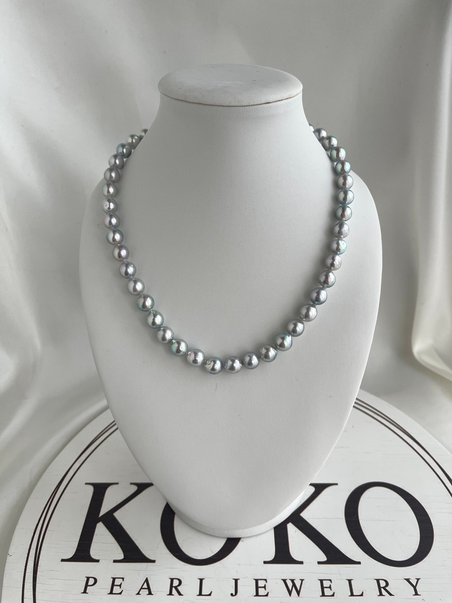 Certified 8.5mm Natural Silver Blue Tone Baroque Shaped Akoya Pearl Strand Necklace
