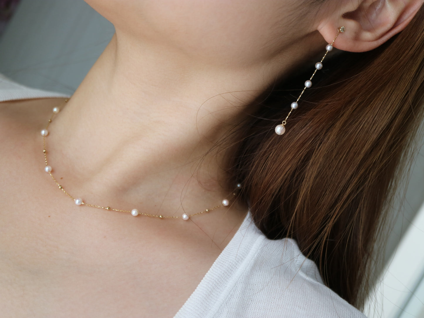 4.5mm Akoya Pearl & 18K Gold Beads Station Necklace