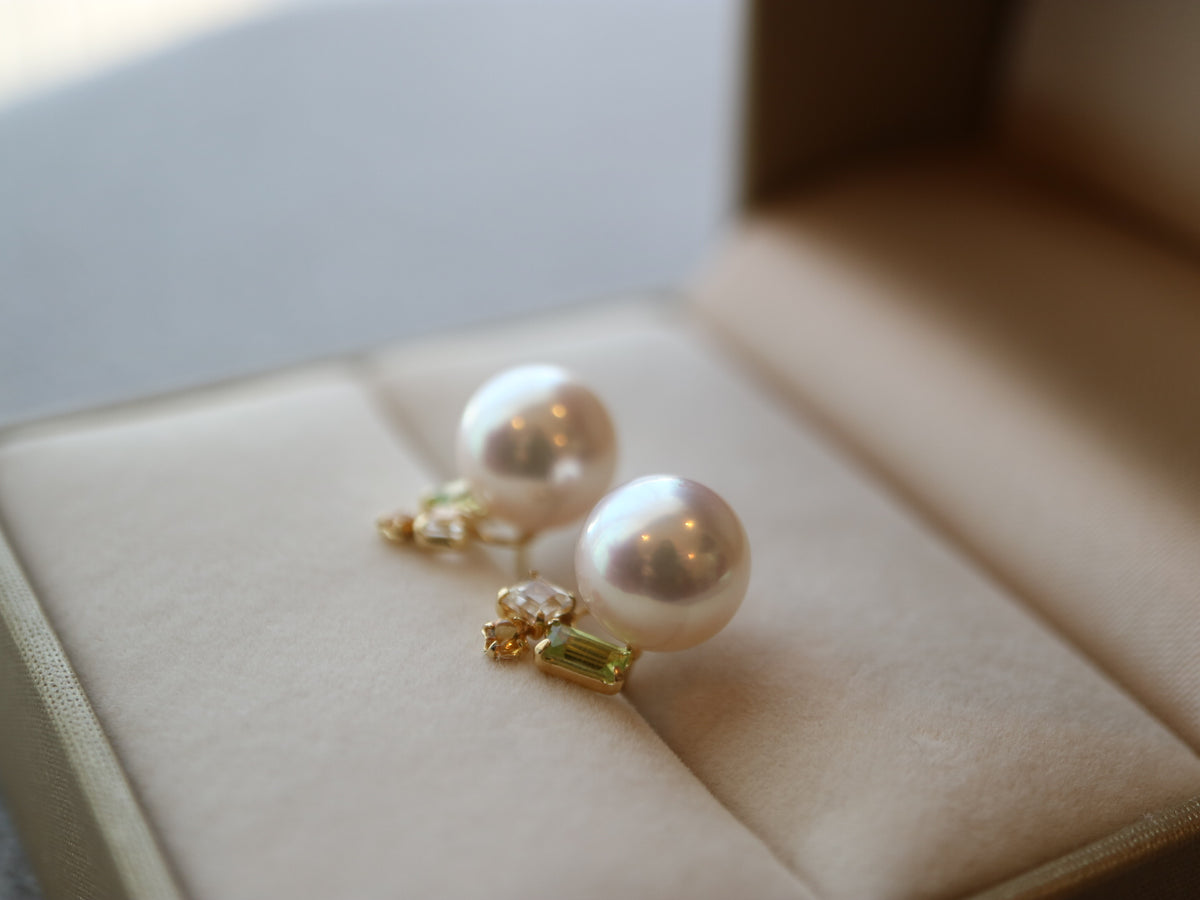 Mixed Color Topaz 7.5mm Akoya Pearl Stud Earrings 18K Yellow Gold
