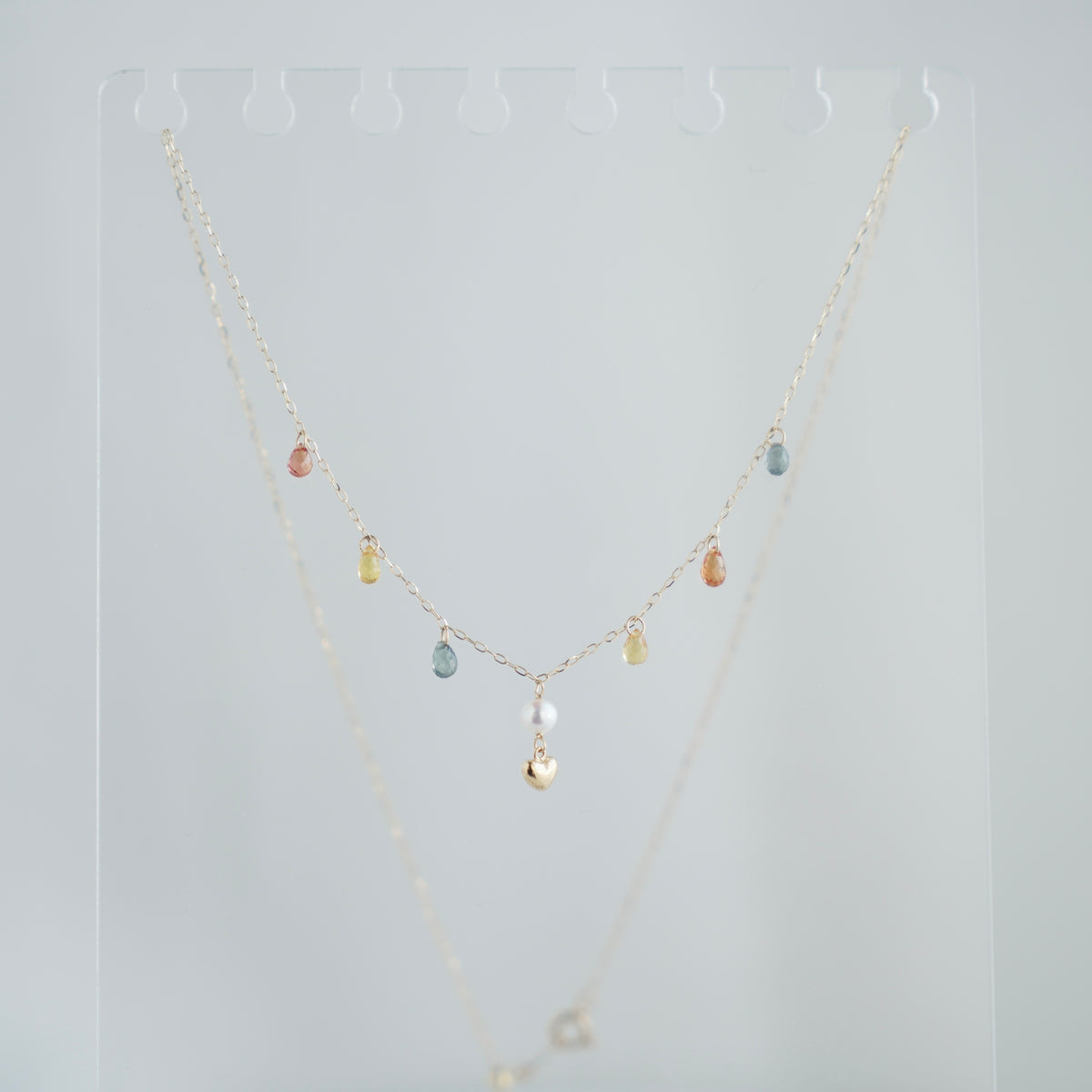 Gold Heart Akoya Pearl Pendant Mixed Color Sapphire Station Necklace 10K Gold
