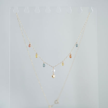 Gold Heart Akoya Pearl Pendant Mixed Color Sapphire Station Necklace 10K Gold - KOKOPEARLJEWELRY - 8