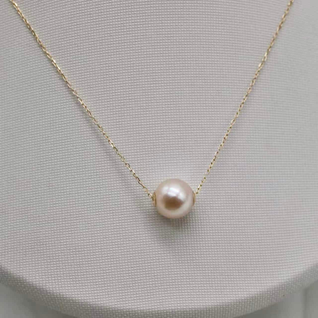 Rare Size Cream Golden 9.0mm Akoya Pearl Floating Pendant Necklace 18K Yellow Gold