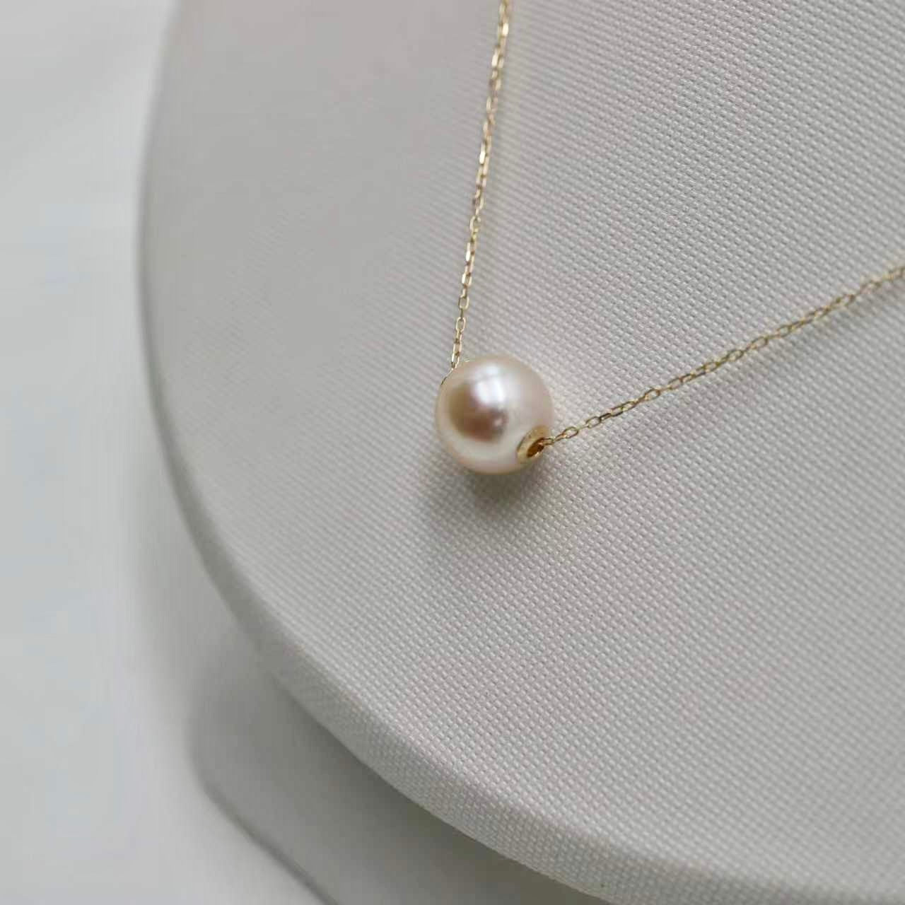 稀有尺寸奶油金色9毫米Akoya珍珠悬浮吊坠项链 18K黄金