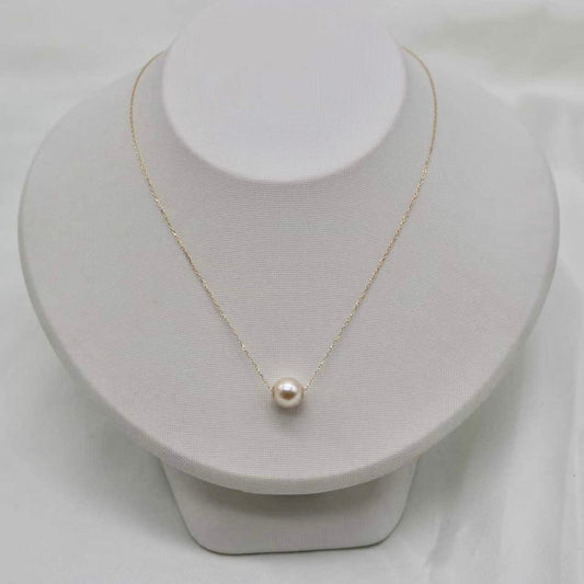 Rare Size Cream Golden 9mm Akoya Pearl Floating Pendant Necklace 18K Yellow Gold