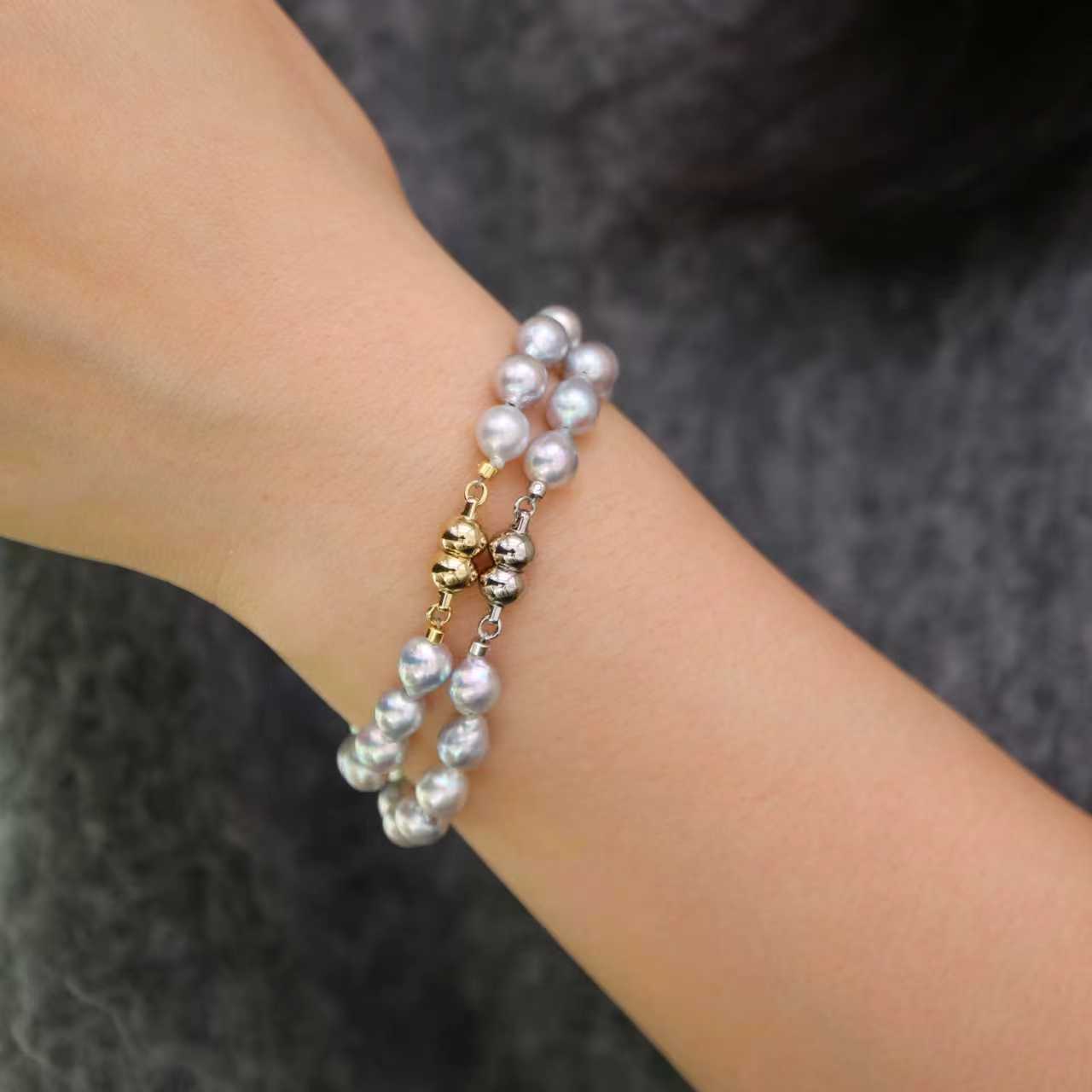 6.5mm Baroque Shaped Natural Silver Blue Akoya Pearl Beaded Bracelet