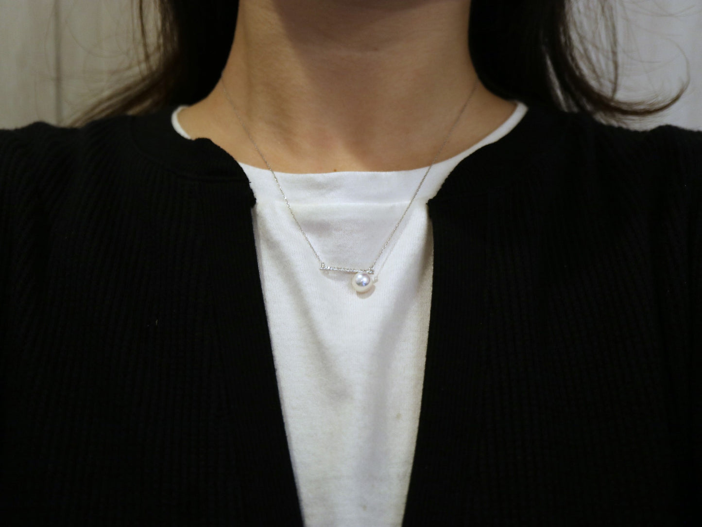 7mm アコヤ真珠ダイヤモンドバーペンダントネックレス 18K ホワイトゴールド