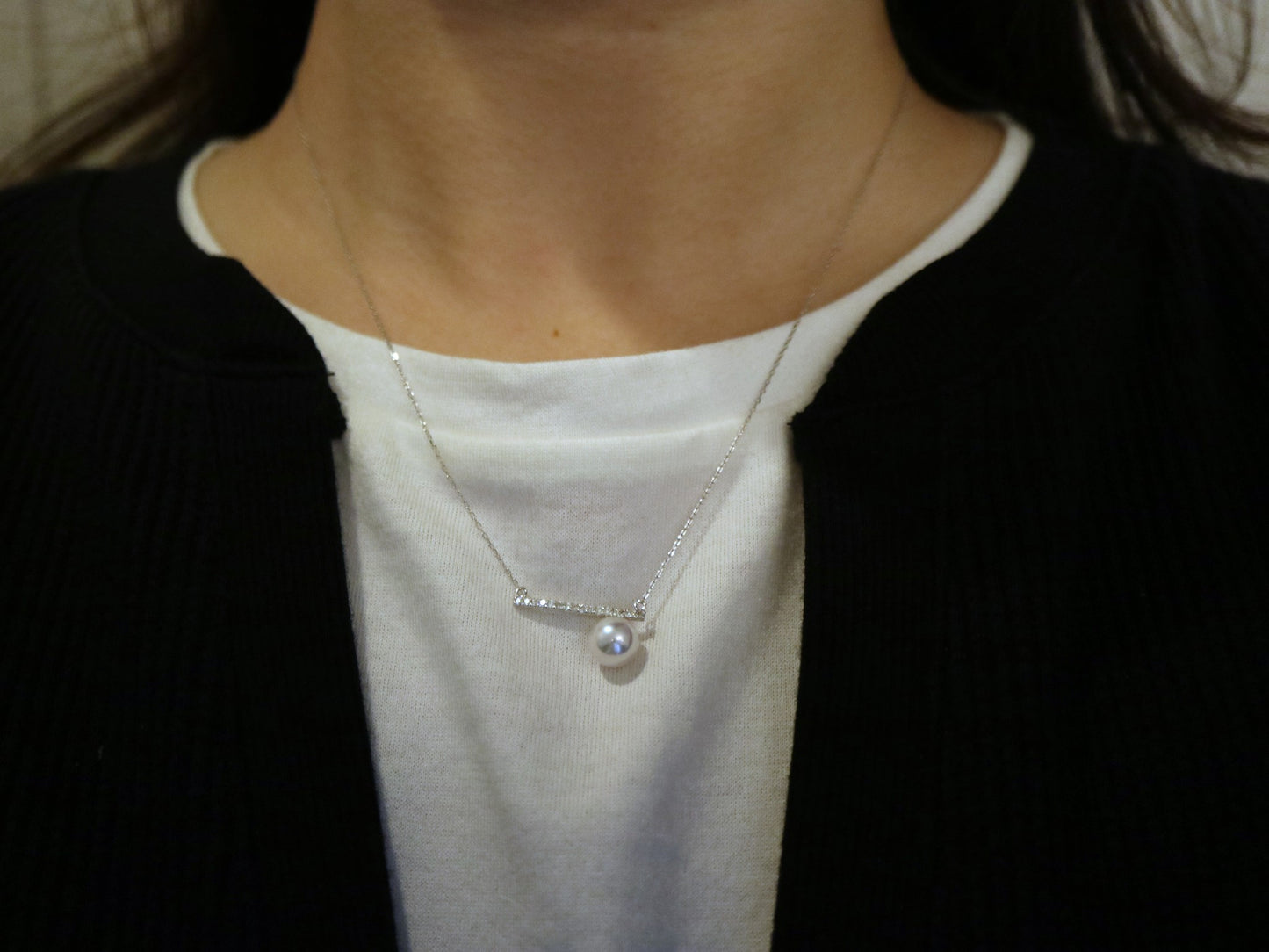 7mm アコヤ真珠ダイヤモンドバーペンダントネックレス 18K ホワイトゴールド