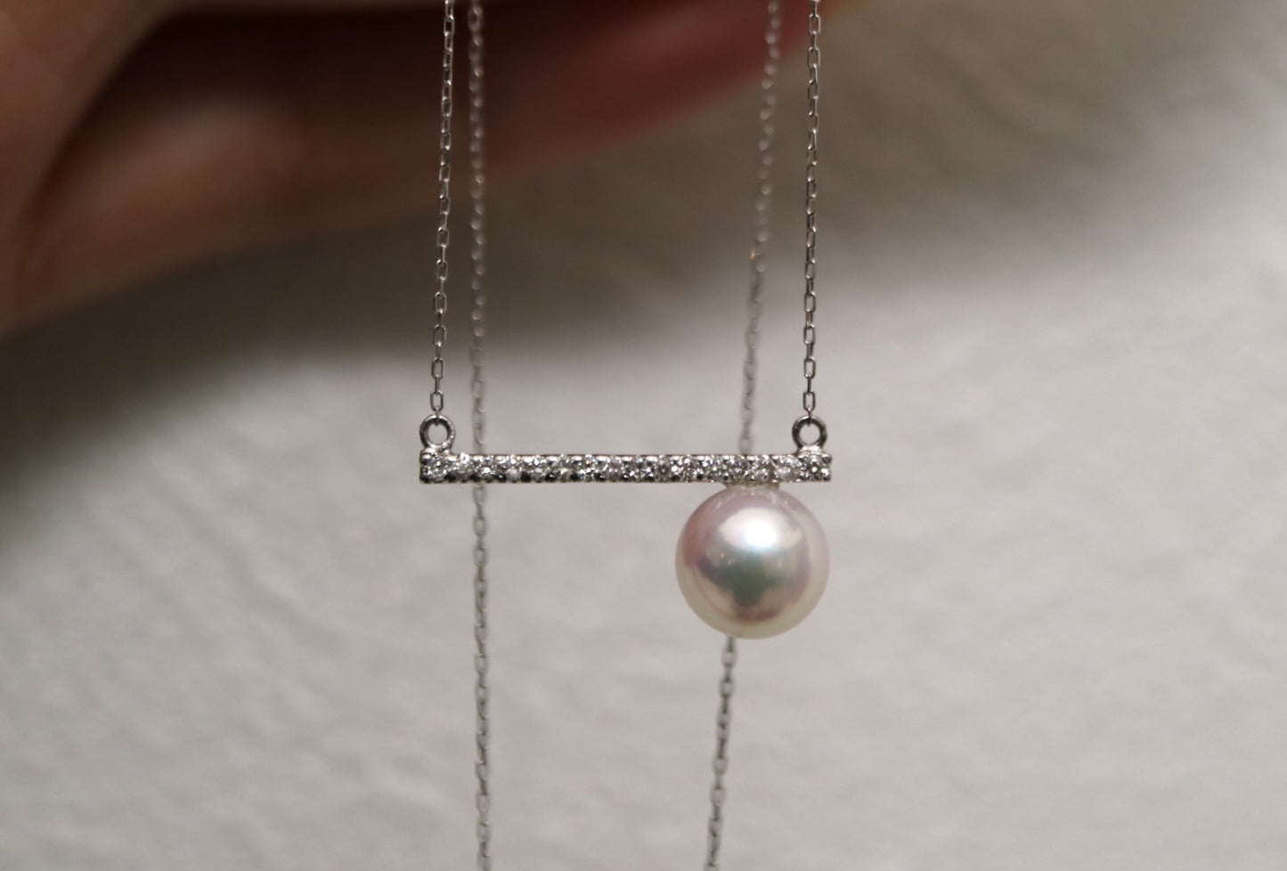 7mm アコヤ真珠ダイヤモンドバーペンダントネックレス 18K ホワイトゴールド